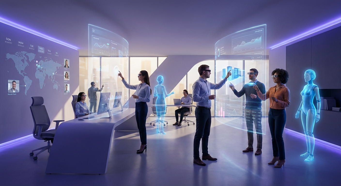 Future workplace 2030 with hybrid physical and digital environment showing diverse global team collaboration