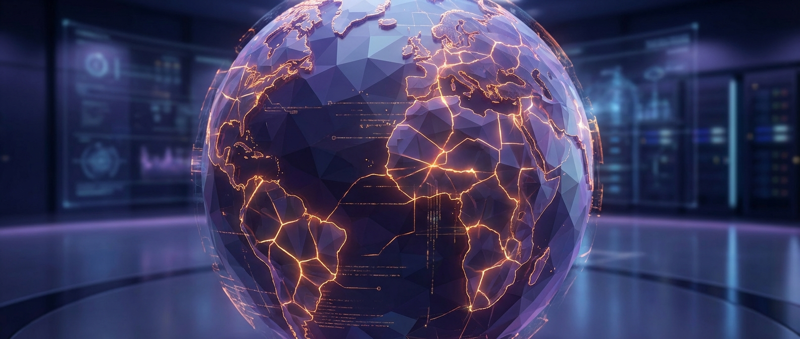 Abstract digital globe with fracture lines representing the fractured global risk landscape