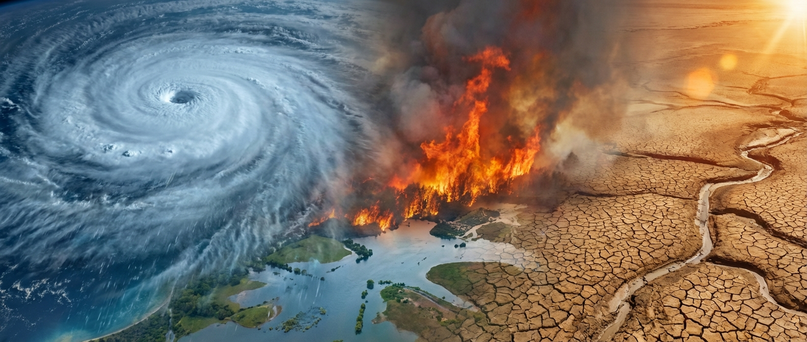 Dramatic visualization of converging extreme weather events representing environmental risk