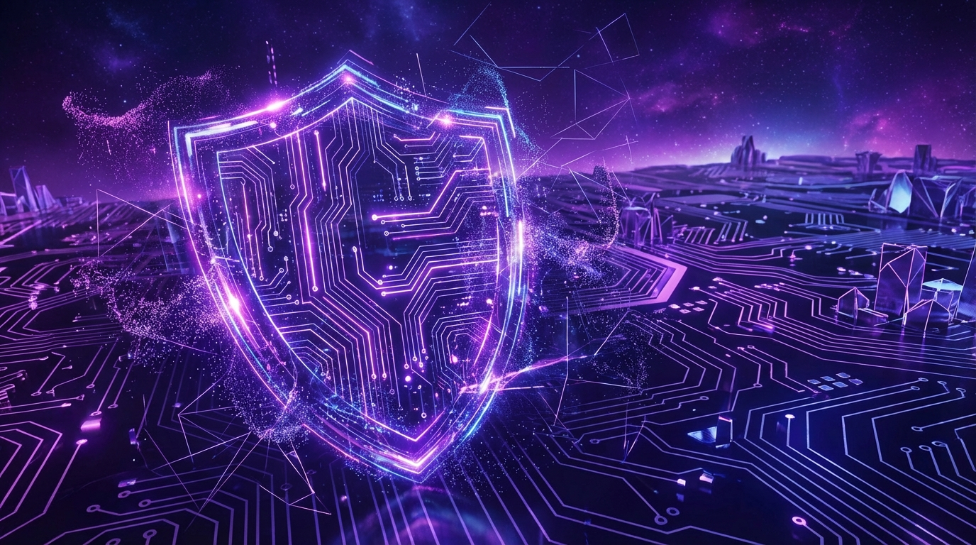 Abstract AI and cybersecurity visualization with circuit patterns and digital shield