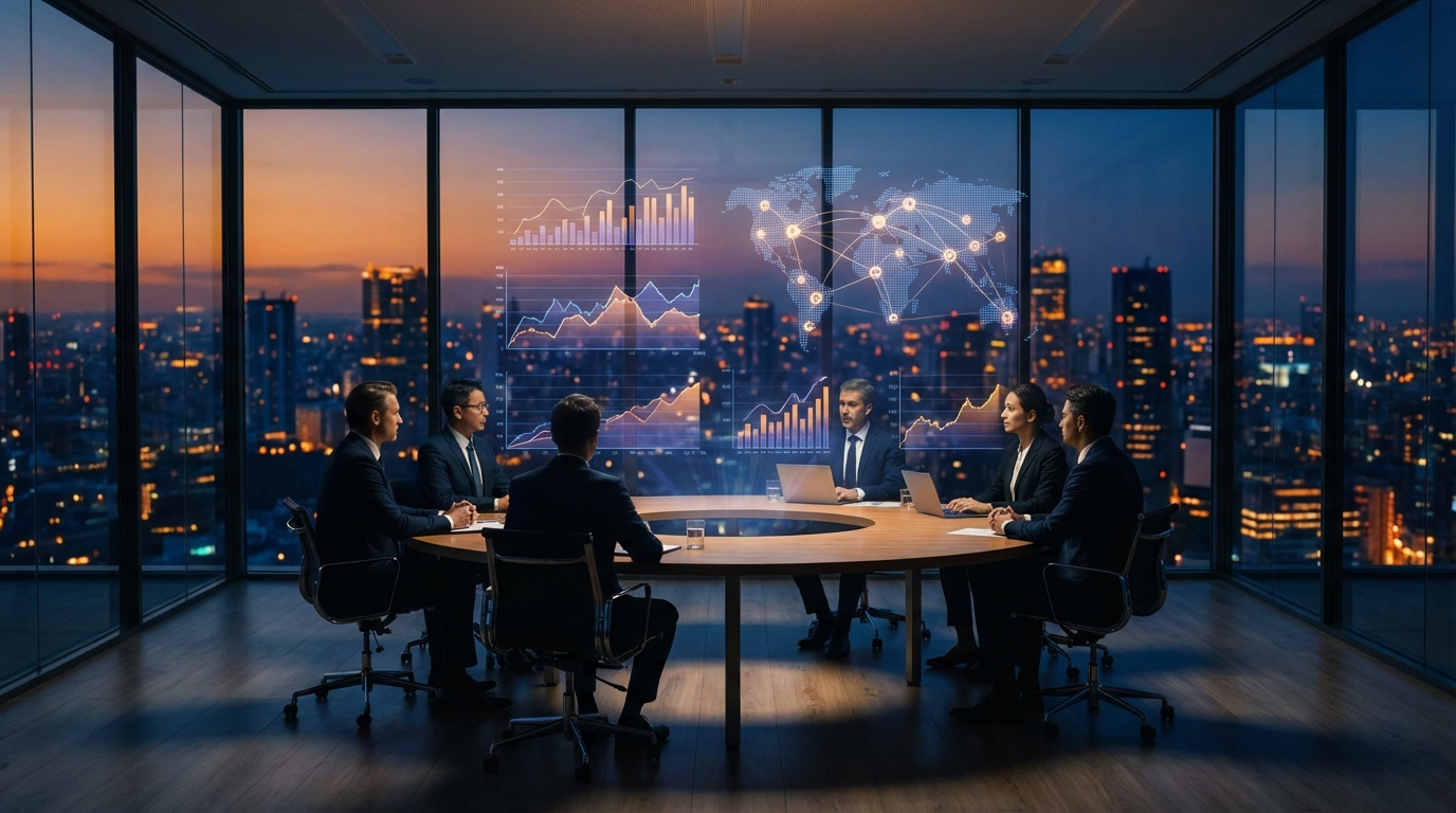 Business leaders with holographic data projections showing global risk scenarios