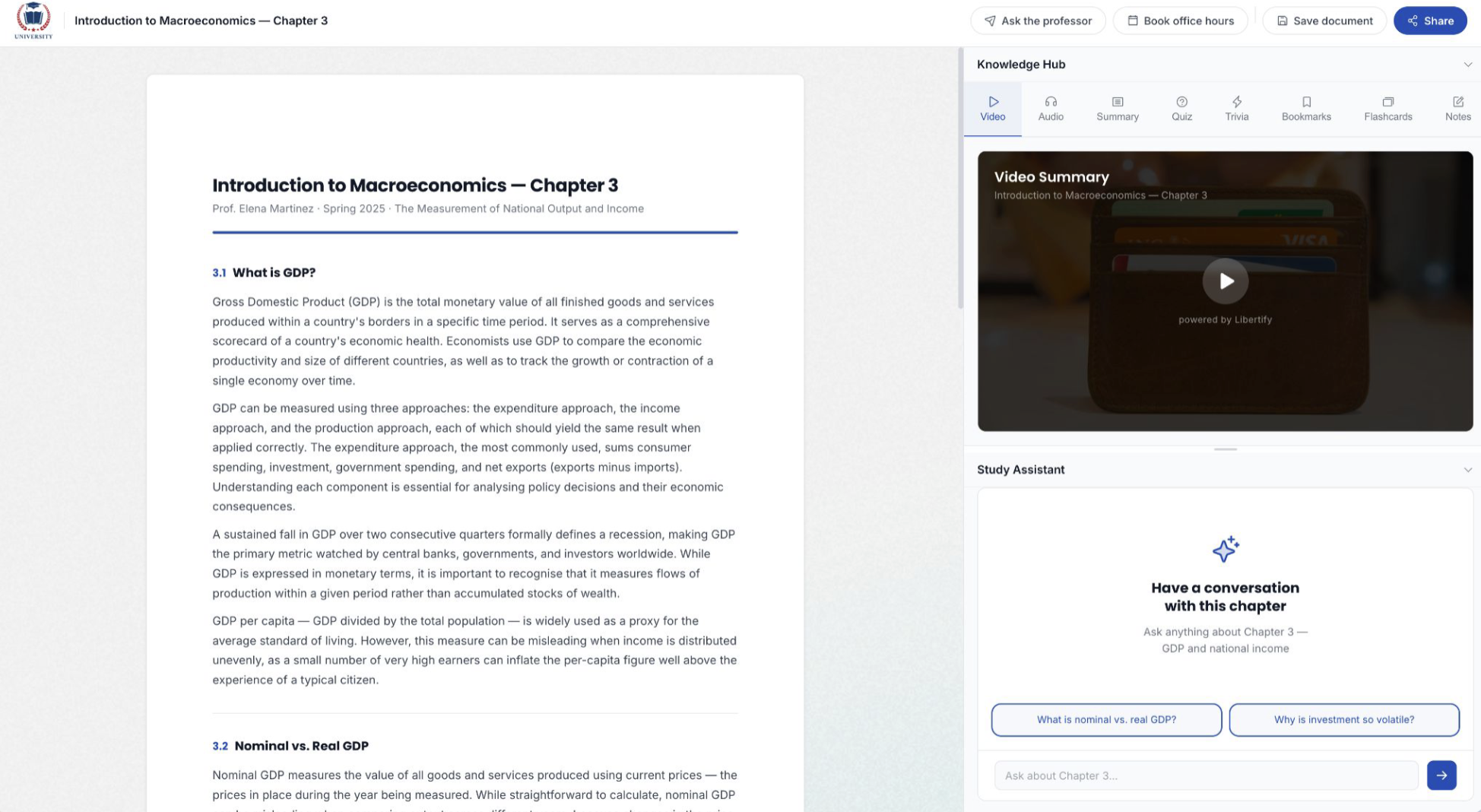 Libertify Knowledge Hub showing a macroeconomics chapter with the AI study assistant, video summary, and tabs for video, audio, summary, quiz, trivia, bookmarks, flashcards, and notes.