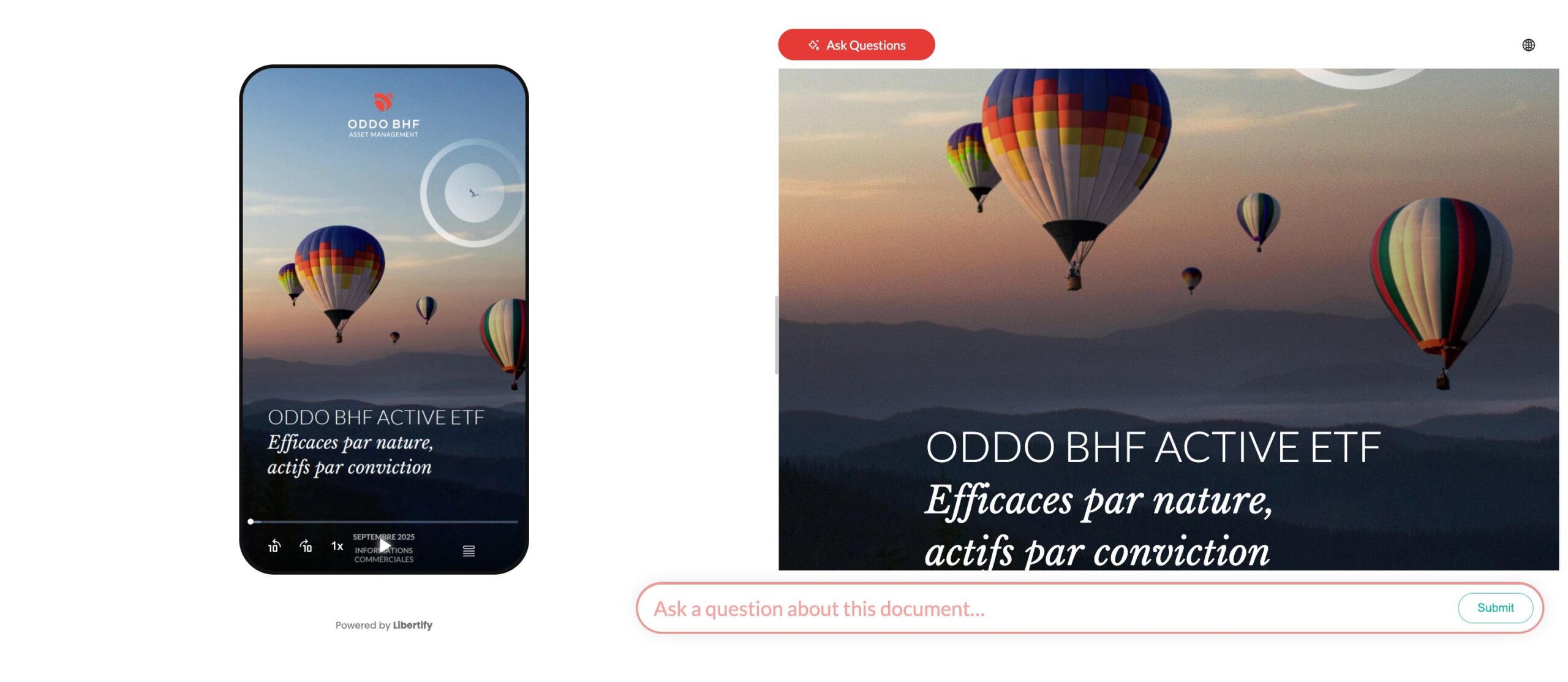 ODDO BHF Active ETF interactive experience powered by Libertify — mobile and desktop view with AI Ask Questions feature